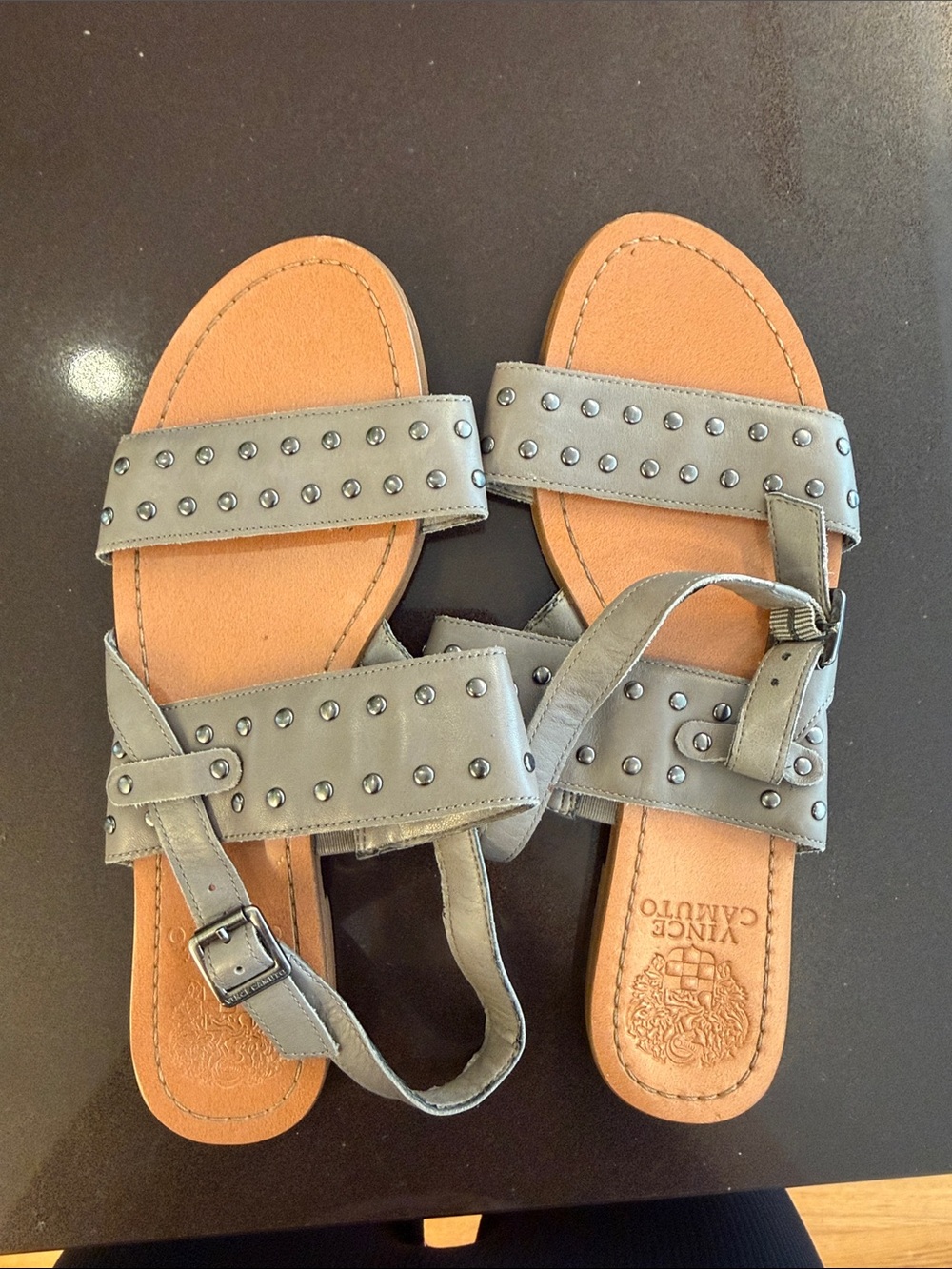 Vince Camuto Gray Studded Leather Strap Sandals